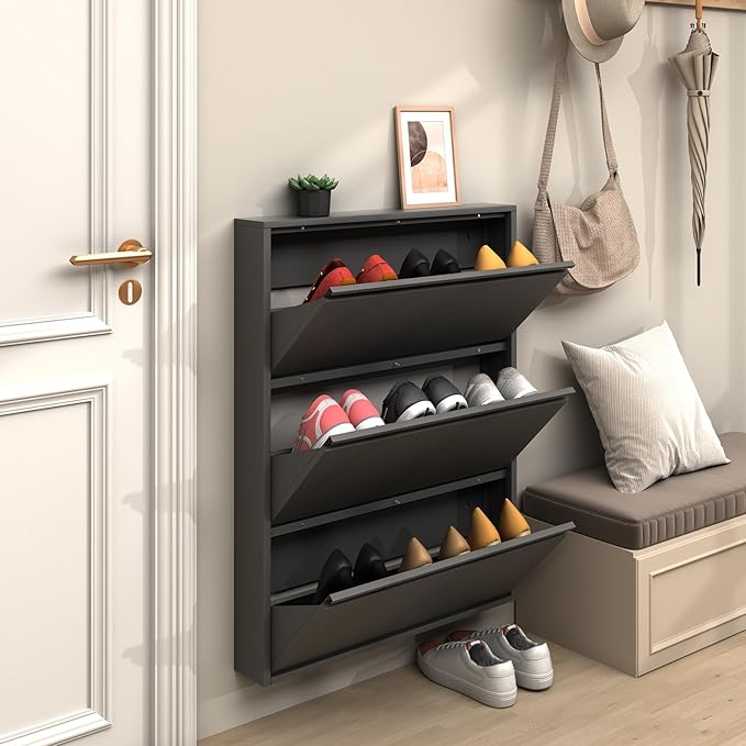 LUCYPAL Slim Shoe Cabinet,Metal Shoe Storage Cabinet for Entryway with 3 Flip Drawers,Narrow Wall Shoe Cabinet for Entryway,Hallway,Living Room,Black,Require Assembly