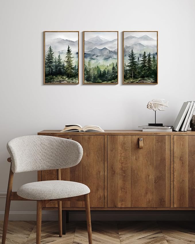 Misty Mountain Framed Canvas Wall Art 16"x24"x3, Living Room Bedroom Office Modern Nature Wall Decor, Rustic Serene Forest Landscape Canvas Art Prints Set Framed Forest Paintings