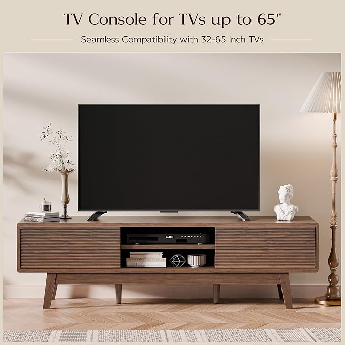 TOLEAD 59" TV Console, Mid Century Modern Media Console for 55/60/65 Inch TV, Low Profile TV Stand with Fluted Sliding Doors, Boho Light Wood Credenza for Living Room, Walnut