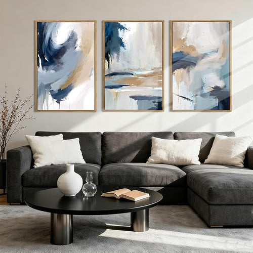 Anyzal Extra Large Blue Abstract Wall Art Framed 24x36 Inch Neutral Modern Canvas Wall Decor Minimalist Pastel Artwork for Living Room Bedroom Dining room Set of 3
