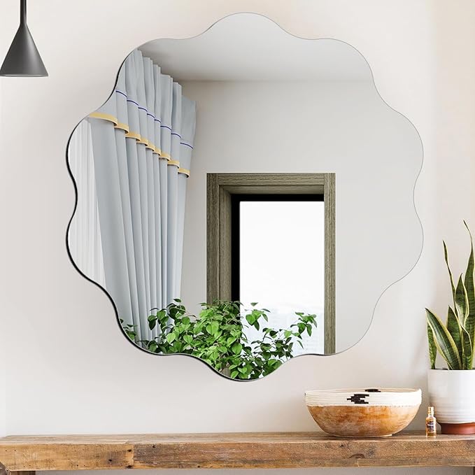 DARENYI Round Wavy Mirror for Wall Decor, 16 inch Acrylic Circle Scalloped Wall Mirror for Bathroom, Bedroom, Living Room, Entryway, Home Decor