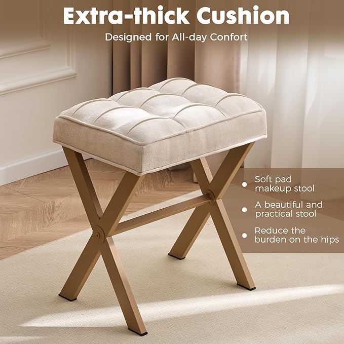 Modern Square Foot Stool Ottoman, Upholstered Vanity Chair with Metal X-Legs & Soft Linen Fabric - Versatile Seat and Footrest for Makeup, Living Room, Bedroom & Entryway(X-Yellow-White)