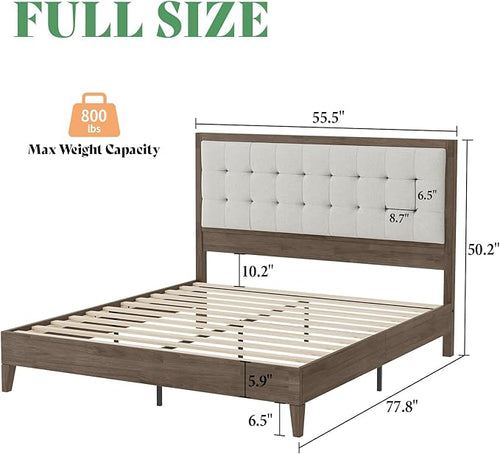 AMERLIFE Full Size Bed Frame with Headboard, Solid Wooden Bed Frame Full Size Platform Bed Frame Mid-Century Style, No Box Spring Required, Ash Gray | Back Support, Noise-Free, Easy Care, Sturdy Frame, Breathable Material