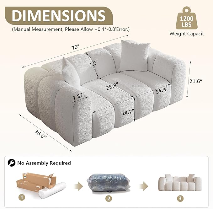 WHGBJA 70" Modern Chenille Fabric Sofa Couch – One-Piece Memory Foam 3-Seater Sofa with Rounded Arms, Soft & Cozy Upholstery for Living Room (White)