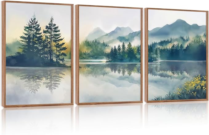 HPNIUB Green Mountain Framed Canvas Wall Art Set, (12X16 Inch) Nature Foggy Forest Lake Reflection Wall Decor,Modern Pine Tree Artwork,Watercolor Landscape Art Print for Living Room,Bedroom,Office