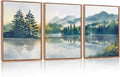 HPNIUB Green Mountain Framed Canvas Wall Art Set, (12X16 Inch) Nature Foggy Forest Lake Reflection Wall Decor,Modern Pine Tree Artwork,Watercolor Landscape Art Print for Living Room,Bedroom,Office