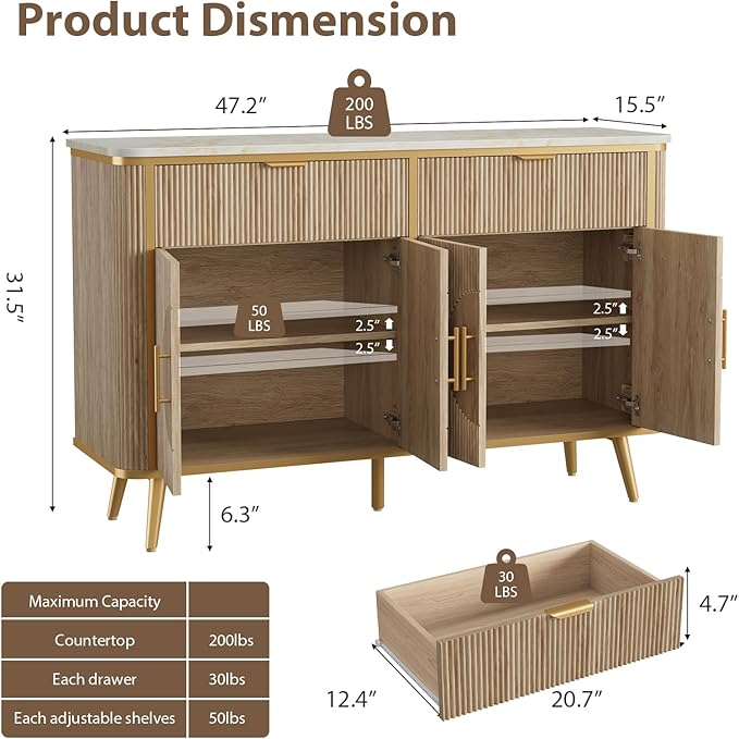 47.2" Buffet Storage Cabinet, Modern Fluted Coffee Bar Station with 2 Drawers & Adjustable Shelves, Kitchen Sideboard Buffet for Dining Room, Living Room, Hallway, Natural Oak