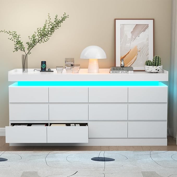 Gyfimoie 12 Drawer Dresser with Power Outlet, Dresser with LED Light, Modern Chest of Drawers for Closet, Double Wide Drawer Organizer Cabinet for Bedroom, Living Room (White, 12 Drawers)