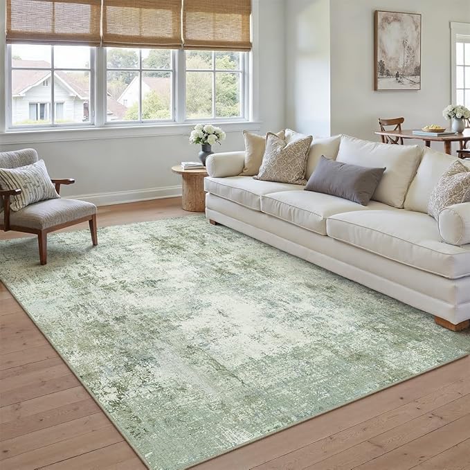 5x7 Washable Area Rug Sage Green Abstract Non Slip Soft Low Pile Rug for Living Room Bedroom Dining Room Office Neutral Modern Indoor Throw Carpet for Home Decor