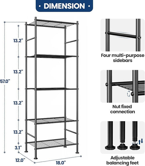 Abiglifty Storage Shelves, 5-Tier Metal Shelving, Wire Shelving Unit with Adjustable Leveling Feet, Shelf Organizer for Bathroom, Pantry, Laundry