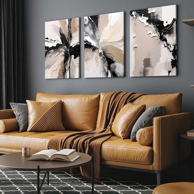 3 Piece Wall Art Framed Canvas Wall Art Modern Abstract Neutral Black White Beige Paint Splash Pictures Wall Decor for Living Room Bedroom Office Wal Decor Room Decor with Hooks and Nails 12x16 Inch