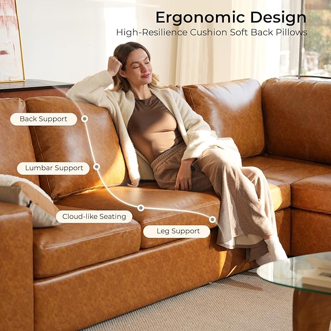 ELUCHANG 113" V-Shaped Modular Sectional Sofa Couch, Modern 4-Seat Premium Faux Leather Deep Seat Sofa with Corner, Removable Cover, Easy Assembly, Large Sofas & Couches for Living Room, Office, Brown | Spring Cushions, Easy to Clean
