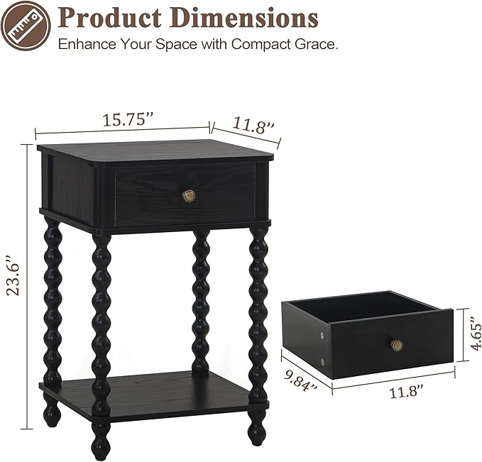 AWASEN Black Nightstand, Bedroom Side Table with Drawer for Living Room, Small Bedside End Table with Spindle Wood Legs for Bedroom, Office, Black