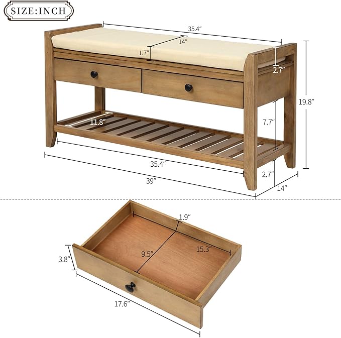 LUMISOL Storage Bench, Shoe Rack with Upholstered Seat and 2 Drawers, Solid Wood Entryway Storage Bench with Shoe Rack for Entryway, Living Room, Bedroom, Old Pine