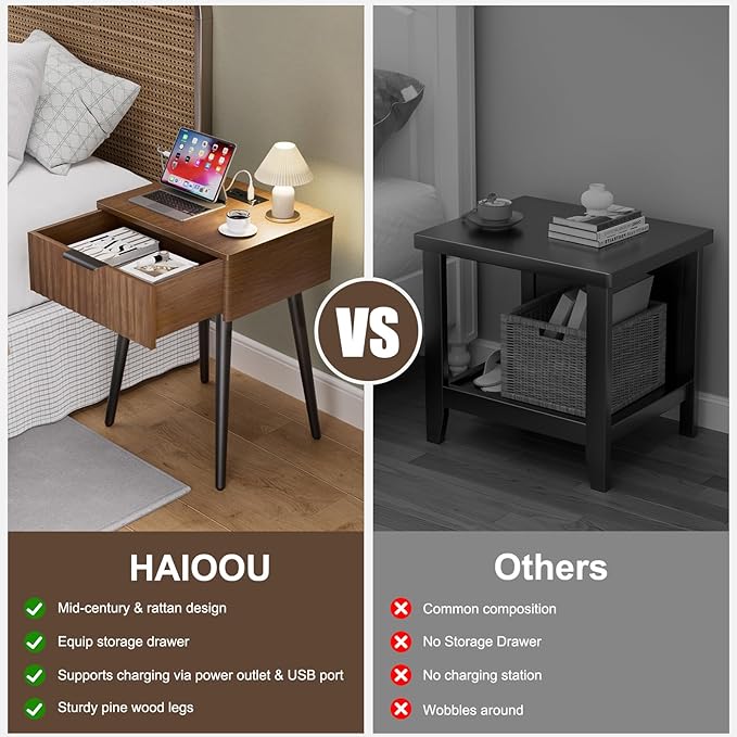 HAIOOU Set of 2 Mid Century Nightstand with Charging Station, End Table Modern Side Table One Drawer with Premium Matte Black Handle and Pine Wood Legs for Home Bedroom Living Room