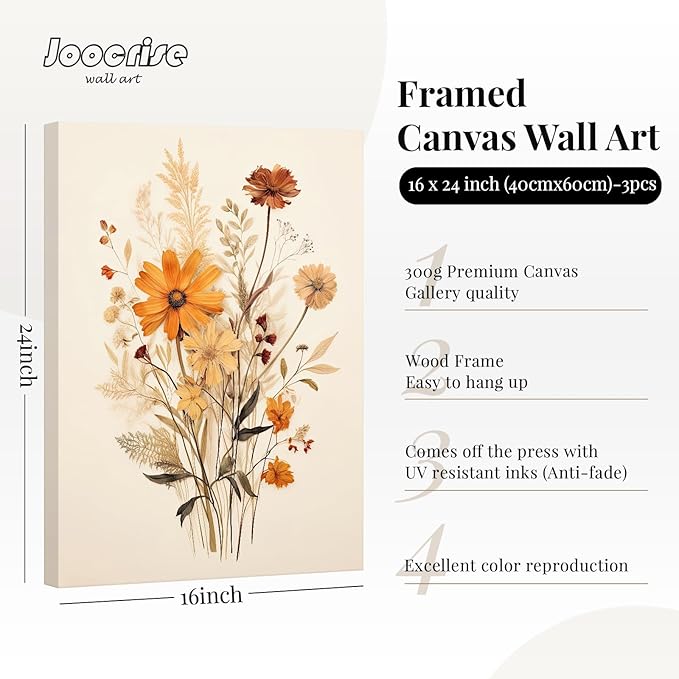 Botanical Floral Wall Art Set of 3 Vintage Wildflower Canvas Wall Decor Watercolor Rustic Farmhouse Wall Art Aesthetic Botanical Pictures Vintage Floral Prints for Bedroom 16x24 Inch Ready to Hang