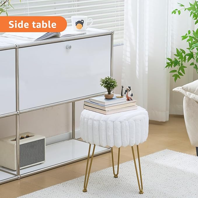 Vanity Stool,Faux Fur Ottoman Foot Stool, Dressing Table Seat with Metal Leg Vanity Chair for Bedroom, Living Room, Entryway, Offices