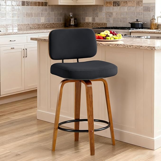 Counter Height Bar Stools, 26+inch Swivel Faux Leather Bar Stools with Back, Upholstered Mid-Century Modern Bar Chairs with Bent Wood Legs, Island Stools for Kitchen Counter, Bar, Black