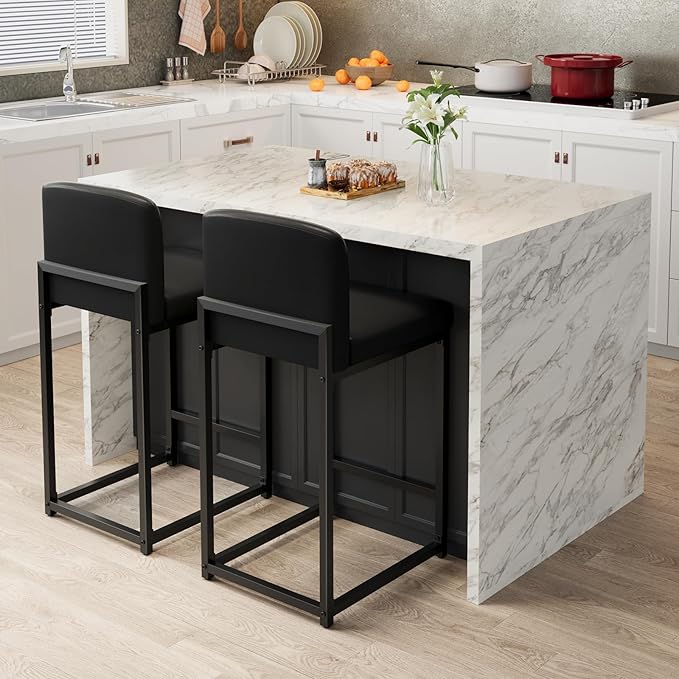 GarveeHome Bar Stools Set of 2, Modern Counter Height Bar Stools with Back and Footrest, Faux Leather Upholstered Barstools Chairs for Kitchen Island Dining Room Bar, Black