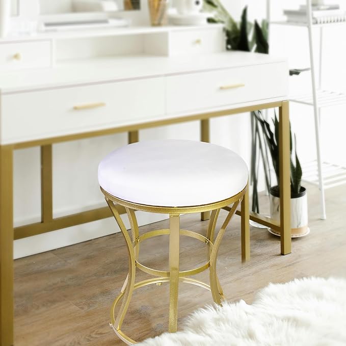 Velvet Round Vanity Stool,White Velvet Footrest Ottoman Foot Stool Seat with Golden Metal Legs,Makeup Chair for Bathroom Vanity,Bedroom,Living Room