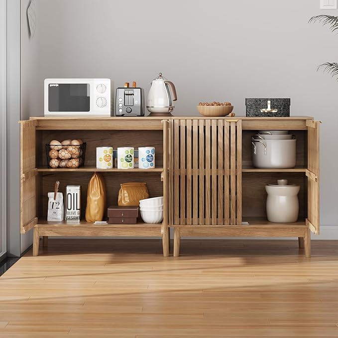 Kiasthome Wooden Sideboard Buffet Cabinet with Slatted Ventilation Doors & Adjustable Shelf, Sideboard Cabinet Storage Cabinet with Ample Storage for Dining Room Entryway (Natural Wood)