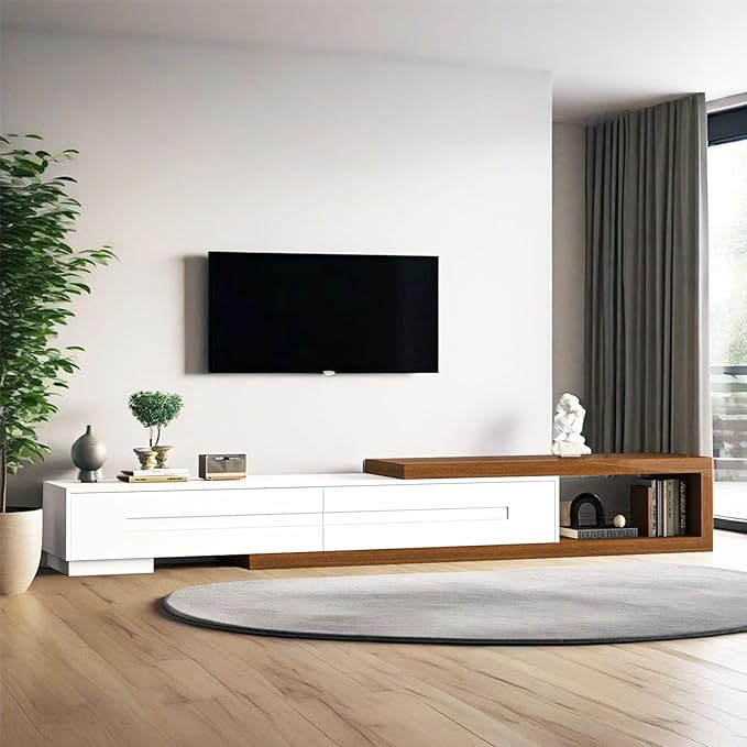 Extendable TV Stand with 2 Drawers, 80"-115" Modern Wood TV Console for Up to 120 Inch TV, Long Reversible Entertainment Center with Storage for Living Room Bedroom, White& Walnut