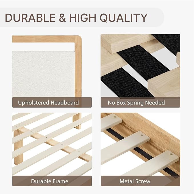KISLOT Wood Bed Frame with Headboard and Footboard, Mattress Foundation with USB Charging Strong Wooden Slat Support Noise-Free Easy Assembly No Box Spring Needed