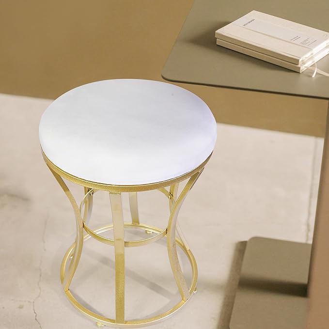 Velvet Round Vanity Stool,White Velvet Footrest Ottoman Foot Stool Seat with Golden Metal Legs,Makeup Chair for Bathroom Vanity,Bedroom,Living Room