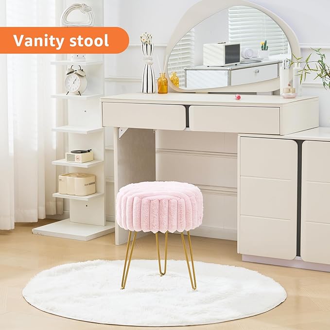 Vanity Stool,Faux Fur Ottoman Foot Stool, Dressing Table Seat with Metal Leg Vanity Chair for Bedroom, Living Room, Entryway, Offices