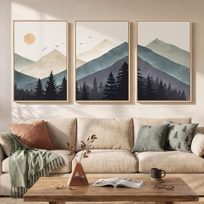Framed Boho Abstract Neutral Landscape Wall Art for Living Room, Large 3 Piece Mountain Forest Canvas Artwork for Walls, Modern Minimalist Nature Pictures Bedroom Hallway Office Wall Decor, 20x30 Inch