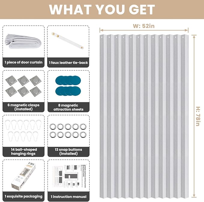 Jilron Accordian Door Curtain, 100% Blackout Folding Magnetic Doorway Curtains,Linen Style Closet Doors,for Room Divider,Privacy Protection（W52 x L78,White,1 Panel）