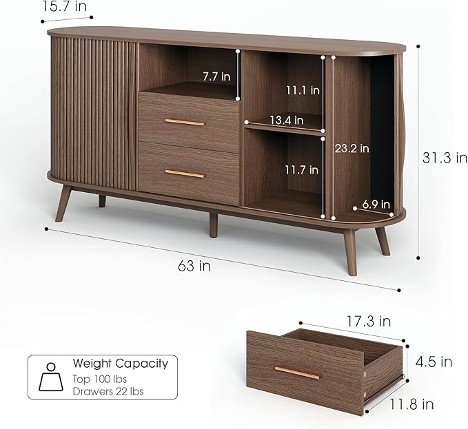 JOINICE 63" Fluted Storage Cabinet for Living Room,Mid-Century Modern Sideboard with Sliding Doors, Walnut Buffet Cabinet with Drawers & Solid Wood Legs, Large Accent Credenza for Home, Dining Room