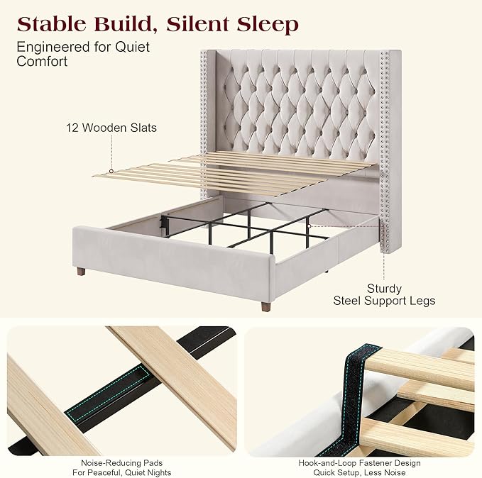 PaPaJet King Size Bed Frame with 61.4" Tall Headboard, Velvet Upholstered Platform and Handmade Deep Button Tufting, No Box Spring Required, Cream
