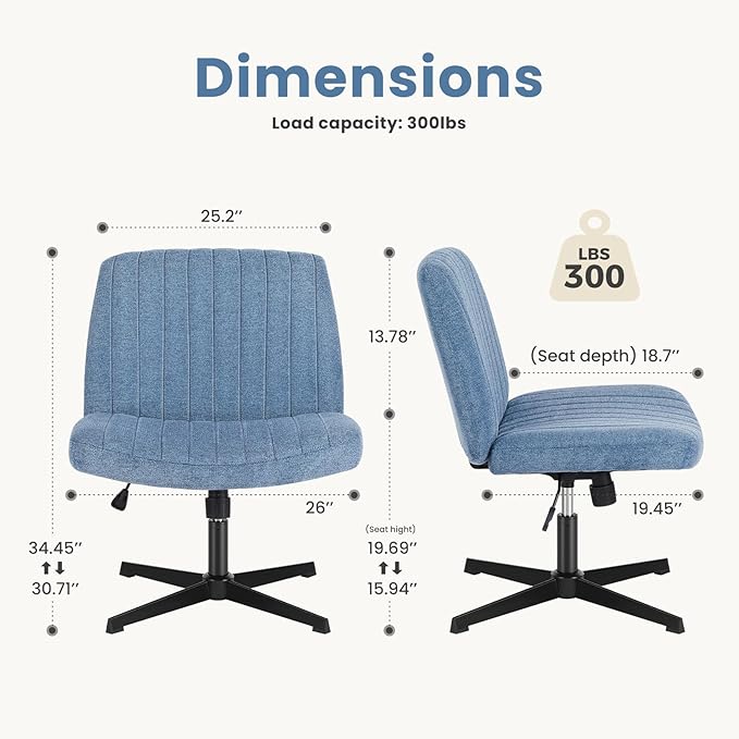 DUMOS Criss Cross Legged Chair Wide Comfy Home Office Desk Chairs, No Wheels Armless Computer Task Swivel Vanity Chair Height Adjustable for Makeup Bedroom, Fabric-Dark Blue