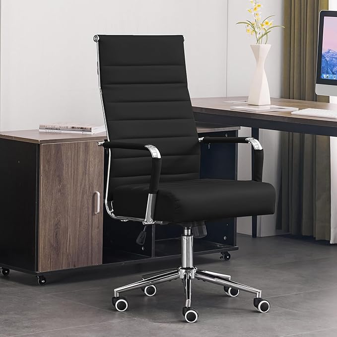 Office Desk Chair, Leather Conference Room Chairs with High Back,Wheels and Arms, Modern Ergonomic Ribbed Height Adjustable Swivel Executive Chair for Home Office (Black)