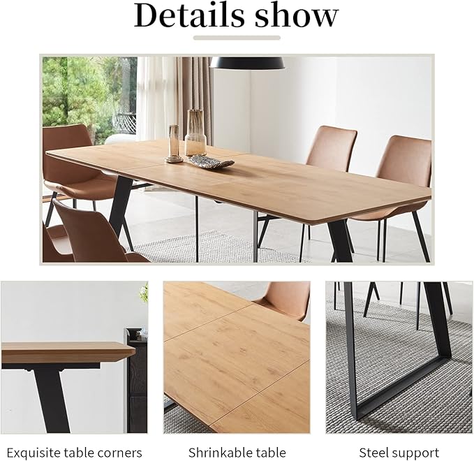 ZckyCine Extendable Dining Table - 63" to 78.7" Adjustable Rectangular Table with Black Metal Legs, Modern Expandable Dining Table for 6-8 People