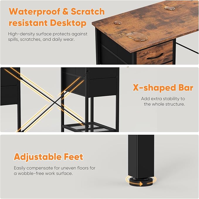 Sweetcrispy Computer Desk with Drawers, 47 Inch Home Office Bedroom Table with 4 Fabric Drawers & 2 Mesh Storage Shelves, Wood Table with X-Shaped Structure for Writing Study PC Desk, Brown