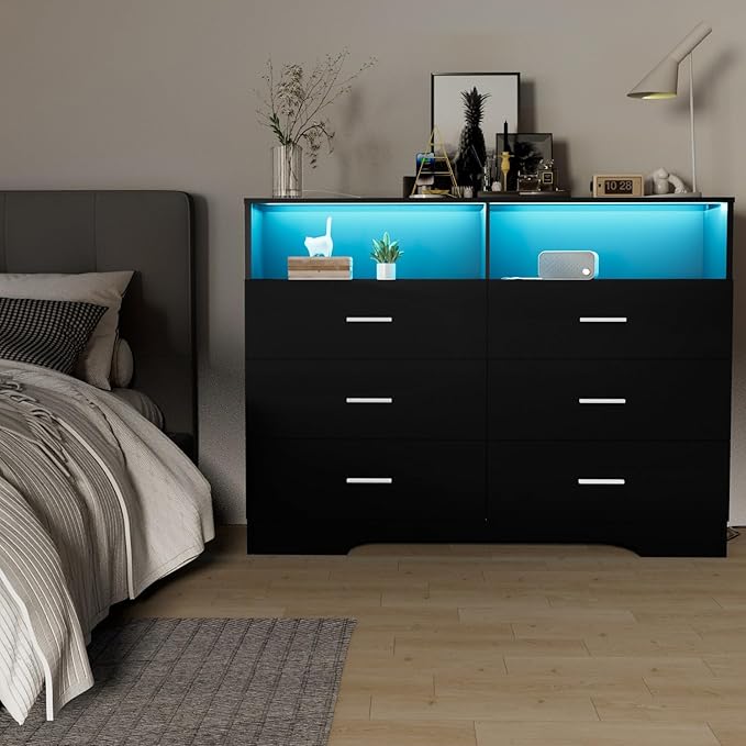FJTJBSI Dresser with Power Outlets and LED Lights Wooden 6 Drawer Dresser with Large Organizer Tall Black Drawer for Bedroom Modern Chest of Drawers Closet for Living Room Kids Room