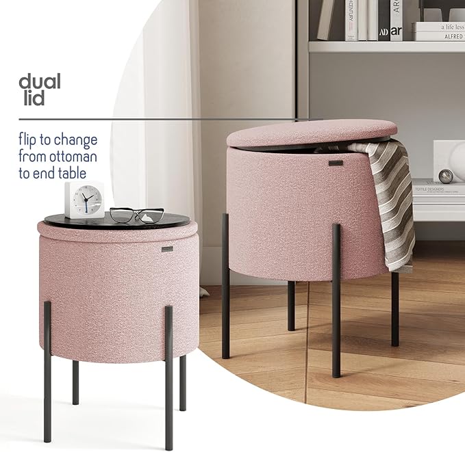 STORAGEBUD Round Ottoman with Storage, Boucle Storage Ottoman, Foot Stool Ottoman, Makeup Vanity Stool, Small Ottomans Foot Rest, Modern Ottomans for Living Room and Bedroom, Pink