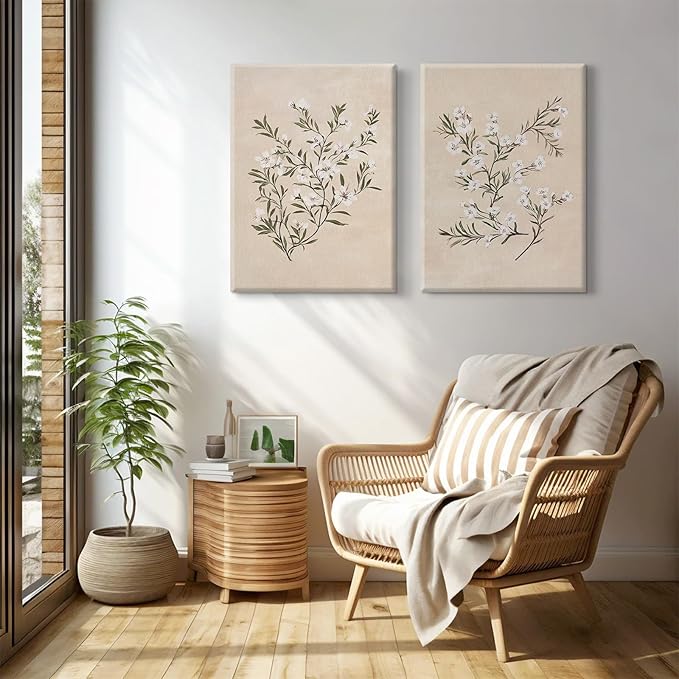 Vintage Botanical Wall Art Neutral Floral Prints Farmhouse Flower Canvas Wall Decor Watercolor Wildflower Pictures Nature Minimalist Artwork for Living Room Bedroom 12x16 Inch Wrapped Canvas Set of 2