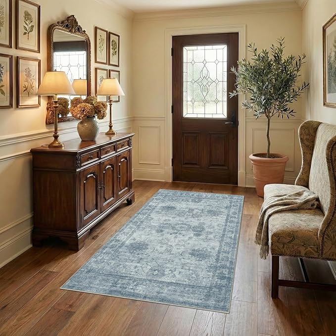 Homemate Washable Rug 3x5 Area Rugs - Vintage Faux Wool Rugs for Living Room Bedroom Dining Room - Non Slip Foldable Carpet Indoor Area Rug for Home Decor（3'x5', Blue