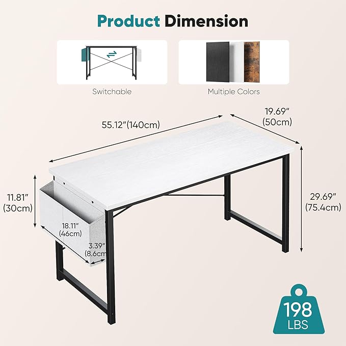OLIXIS Computer Desk 55 Inch Home Office Desks for Small Spaces, Gaming Writing Study Work Table with Storage Bag and Headphone Hook for Bedroom, White