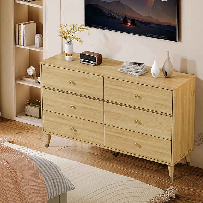 Chrangmay 6 Drawer Dresser,47" Wide Mid Century Modern Chest of Drawers,Wooden Bedroom Drawer Dresser with 6 Storage Drawers for Bedroom,Living Room,with Anti-Tipping Device,Wood