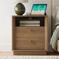 FORTUNETEC Nightstand with Charging Station, Mid Century Modern Nightstand with Wood Grain Texture, Minimalist End Table with Drawers Storage, Bedside Table for Bedroom Living Room Office, Walnut
