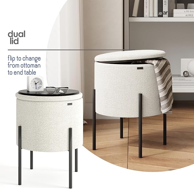 STORAGEBUD Round Ottoman with Storage, Boucle Storage Ottoman, Foot Stool Ottoman, Makeup Vanity Stool, Small Ottomans Foot Rest, Modern Ottomans for Living Room and Bedroom, Cream