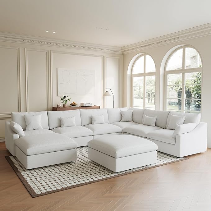 Modular Sectional Sofa Cloud Couch, Oversized 8 Seater Sofa with Ottomans, Extra Large V Shaped Deep Seat Couches for Living Room, Sofa Covers Washable&Removable, White