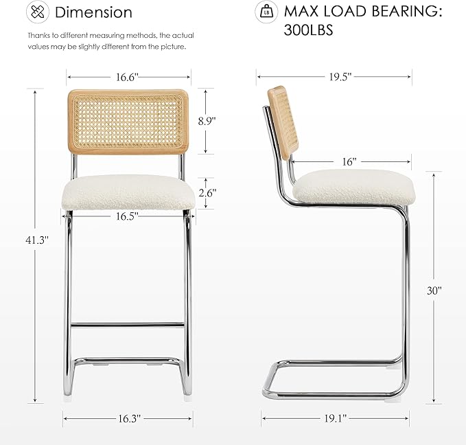 Zesthouse Rattan Bar Stools Set of 4, 30'' Upholstered Boucle Fabric Barstools with Wooden Back & Natural Cane Mesh, Mid Century Modern Bar Height Chairs with Chrome Base for Kitchen, White Barstools