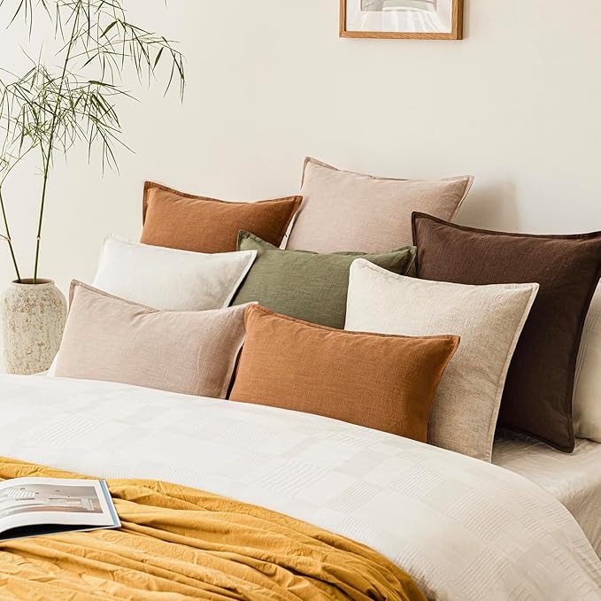 Foindtower Pack of 2, Decorative Linen Soild Throw Pillow Covers Soft Accent Cushion Case Farmhouse Neutral Pillowcase for Chair Couch Sofa Bedroom Living Room Home Decor 16 x 16 Inch Tan Beige