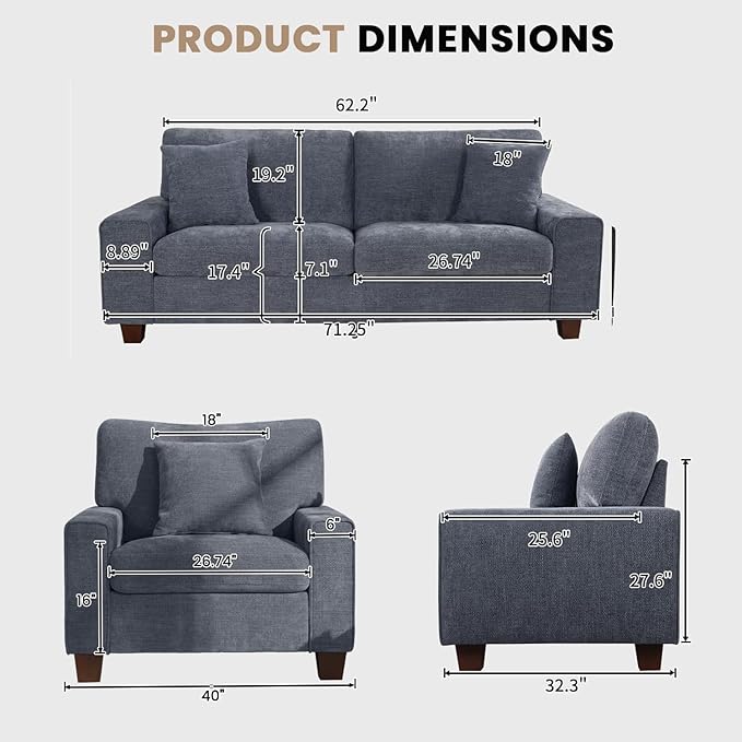 DOPEDIO Modern Living Room Sofa Set, 71.25" Chenille Loveseat with 2 Accent Chairs, Removable Covers, Spring Cushions, Solid Wood Frame, Easy Assembly（71.25inch+2 Single,Blue）