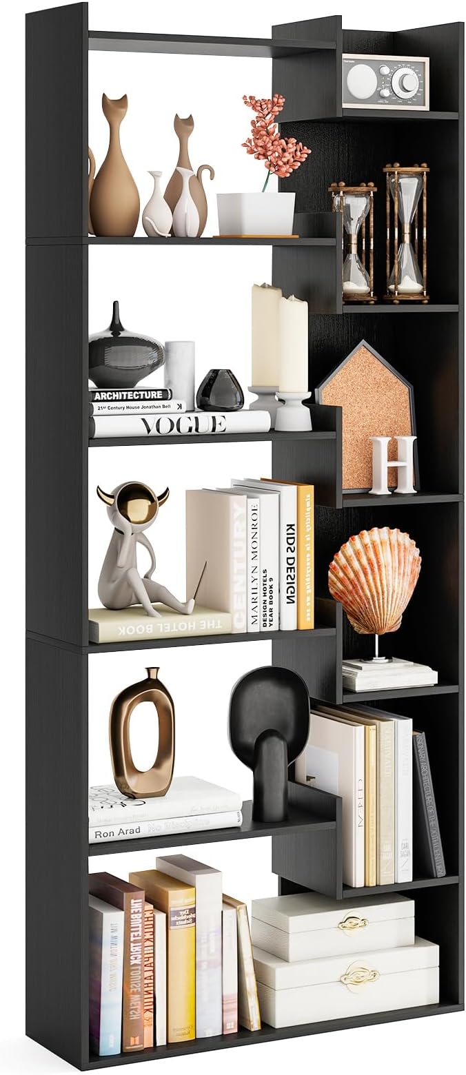 Tangkula 6-Tier Bookshelf, 64”H Tall Open Bookcase with Anti-Tip Kits, Home Office Free-Standing Wood Room Divider Display Book Shelf, Modern 11-Shelf Storage Rack for Study, Living Room (2, Black)